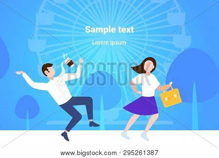 Woman Knocking Man With Coffee Cup Falling Down Failure Accident Concept City Urban Park Ferris Whee