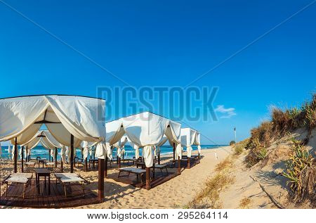Luxury Beach Tents Canopies On Morning Paradise White Sandy Beach (pescoluse, Salento, Puglia, South