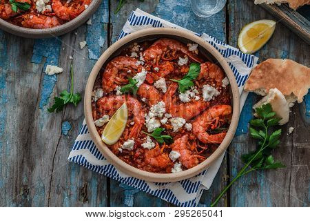 Prawns In Tomato Sauce With Feta Cheese, Copy Space