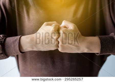 Hands Of Woman Show Strength Teamwork,fist Bump And Putting Her Hand