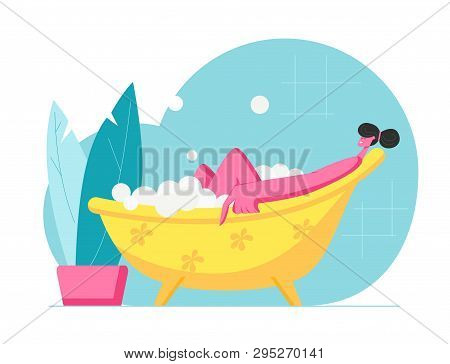 Young Woman Relaxing In Bath With Bubbles In Spa Hotel Or At Home. Happy Female Character Hygiene An