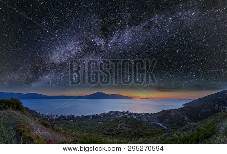 Adriatic Sea Night Coast Top Panorama View (coastline Between Orikum And Vlore, Albania) And Starry 