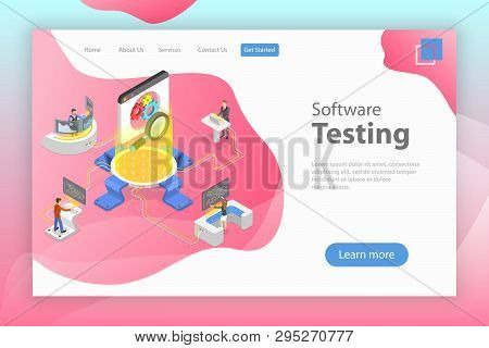 Isometric Flat Vector Landing Pate Template Of Software Quality Assurance.