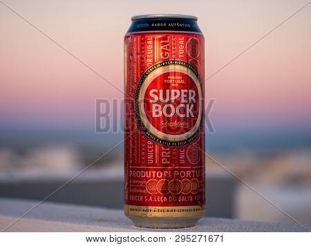 Lisbon, Portugal - August 1, 2017: Super Bock Beer Can On A Wall With Sunset In The Background