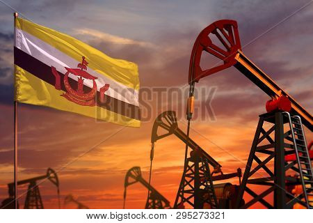 Brunei Darussalam Oil Industry Concept, Industrial Illustration. Brunei Darussalam Flag And Oil Well