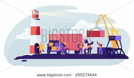 Shipping Port With Harbor Crane Loading Containers To Marine Freight Boat. Seaport Workers Carry Box