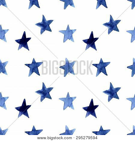 Seamless Pattern With Indigo Blue Watercolor Simple Stars. Hand Painted Navy Blue Modern Star. Gift 