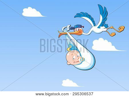 Cute Cartoon Stork And Baby. A Flying Bird With A Post Cap Carrying A Newborn Baby, Against A Blue S