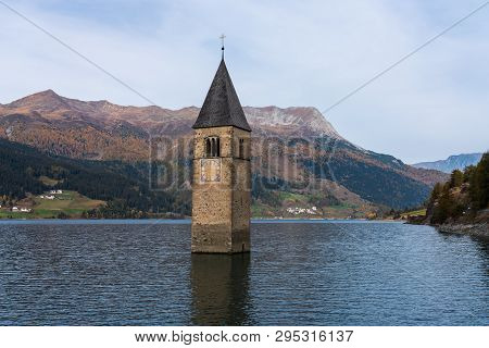 Church In The Water At Lake Reschen In Tyrol In North Italy