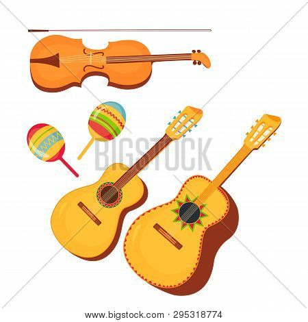Set Of Traditional Mexican Musical Instruments Guitar, Guitarron, Violin, Maracas. Cinco De Mayo. 5t