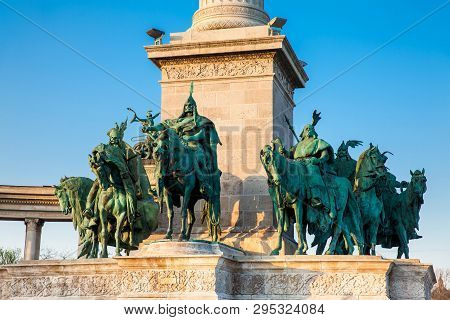 Statues Of The Seven Chieftains Of The Magyars At The Famous Heroes Square Built On 1896 In Budapest