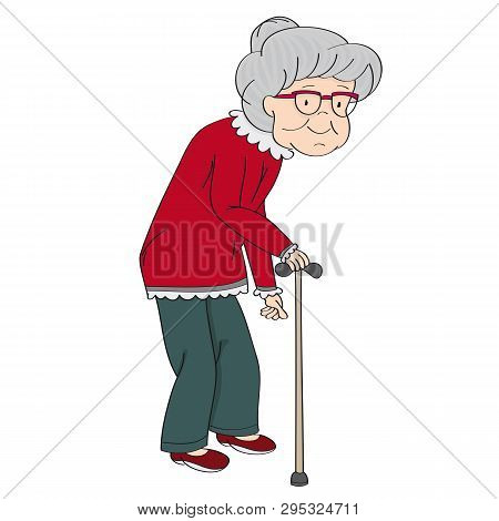 Old Grey-haired Senior Lady, Retired Woman, Granny With Walking Stick. Original Hand Drawn Illustrat