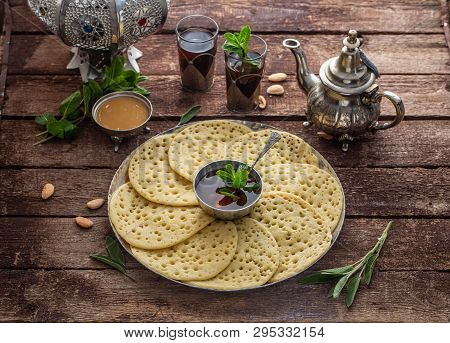 Moroccan Breakfast With Baghrir, Mint Tea And Honey, Copy Space