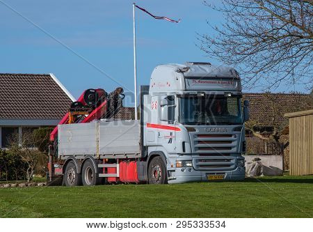 Kalvehave Denmark - April 17. 2018: Scania Lorry With A Crane