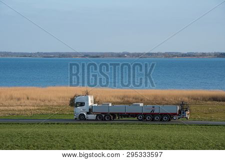 Kalvehave Denmark - April 17. 2018: Lorry Driving On A Danish Countryside Road