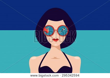 Woman Face With Sunglasses And Reflection. Portrait Front View. Vintage Style Fashion Illustration. 