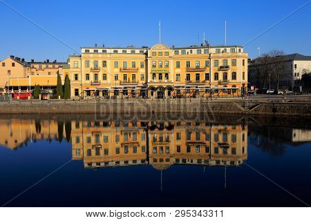 Karlstad, Sweden - April 11, 2019: Exterior View Of The Elite Karlstad Stadshotell Hotel With Its Re