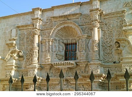 Stunning Sillar Stone Carving Facade Of The Church Of Saint Augustine In Arequipa, Historical Site I