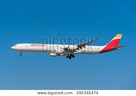 Madrid, Spain - May 22, 2017: Iberia Airbus 340-600 Is Landing In Madrid Barajas Airport On May 22, 