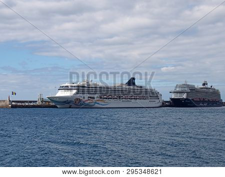 Funchal, Madeira, Portugal - 12 March 2019: The Cruise Ships Norwgian Spirit And Main Schiff 1 Moore