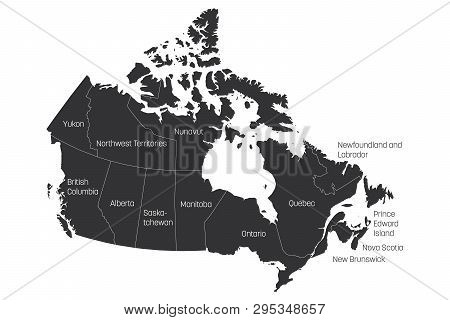 Map Of Canada Divided Into 10 Provinces And 3 Territories. Administrative Regions Of Canada. Grey Ma