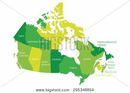 Map Of Canada Divided Into 10 Provinces And 3 Territories. Administrative Regions Of Canada. Green M