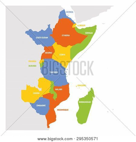 East Africa Region. Map Of Countries In Eastern Africa. Vector Illustration
