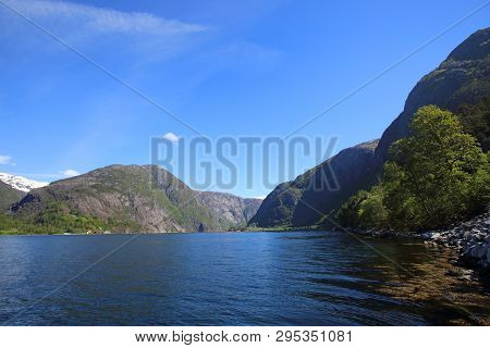 View On Beautiful Landscape With Water Of Fjord And Mountains At Sunny Summer Day, Akrafjorden, Hord