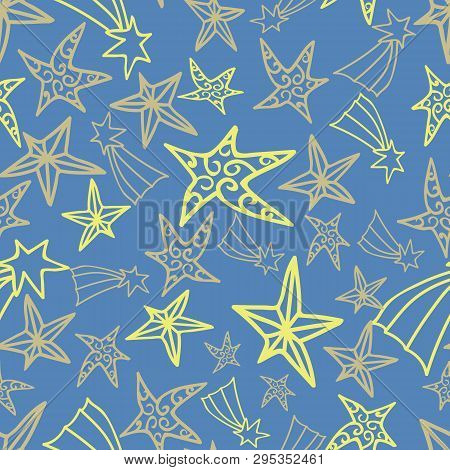 Seamless Blue Yellow Star Pattern Design Background. Perfect For Textile, Background And Surface Pat