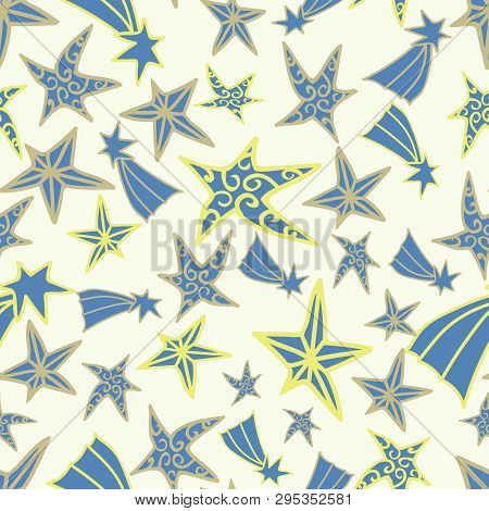 Seamless Blue Yellow Star Pattern Design Background. Perfect For Textile, Background And Surface Pat