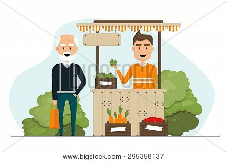 Vector Flat Illustration. Vegetable Shop With Carrots, Tomatoes And Apples. A Cheerful Old Man Came 