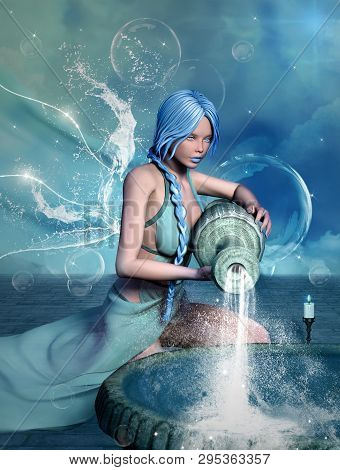 Zodiac Series - Aquarius As A Fantasy Beautiful Girl With Angel Wings - 3d Illustration