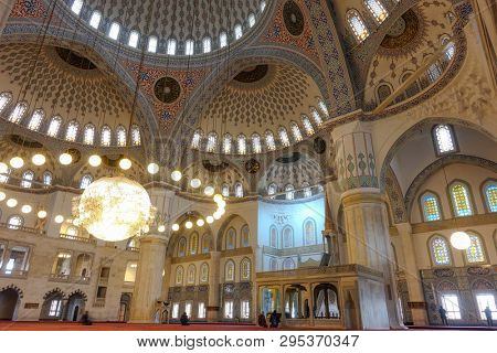 ANKARA, TURKEY - MARCH 16, 2019: Kocatepe Mosque interior details 