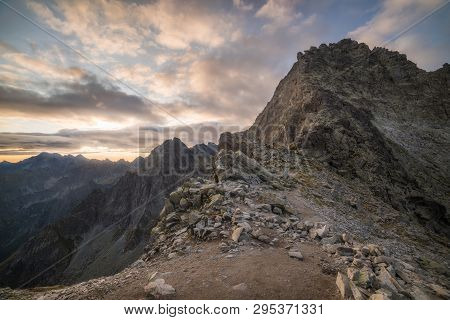 Mountains Landscape At Sunrise. Bielovodska Valley As Seen From Sedlo Vaha In High Tatras, Slovakia