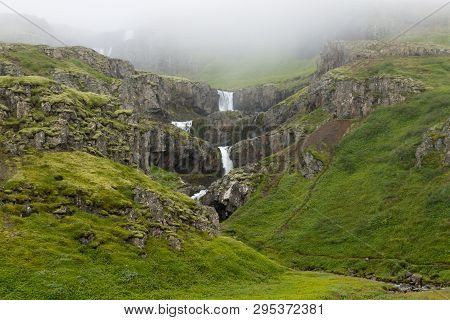 Klifbrekkufossar Falls In Summer Season View, Iceland. Icelandic Landscape.