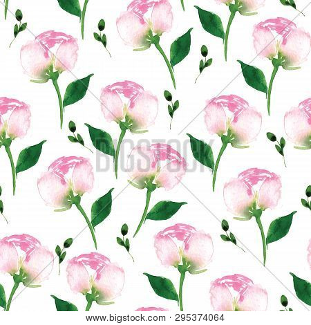 Pink Pheony Buds Watercolor Floral Seamless Pattern Design