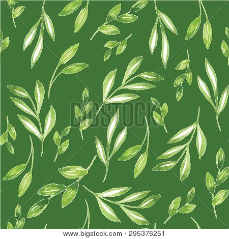Green Watercolor Leaves With Dark Green Background Pattern Design