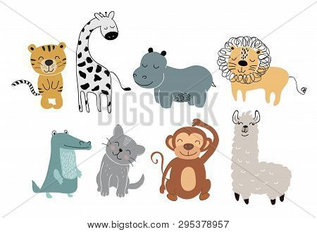 Cute Animals Set. Childish Vector Illustration Scandinavian Stylr Design Concept For Card, Kids Clot