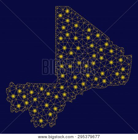Bright Yellow Mesh Mali Map With Glare Effect. Wire Frame Triangular Mesh In Vector Eps10 Format On 