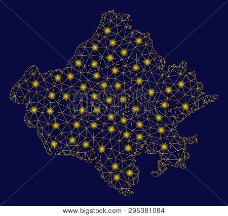 Bright Yellow Mesh Rajasthan State Map With Glow Effect. Wire Frame Polygonal Mesh In Vector Eps10 F