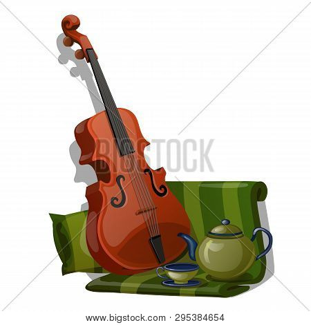 Composition Of Violin, Green Striped Fabric And Tea Set Isolated On White Background. Vector Cartoon