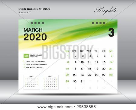 Desk Calendar 2020 Template Vector, March 2020 Month With Green Watercolor Brush Stroke, Business La