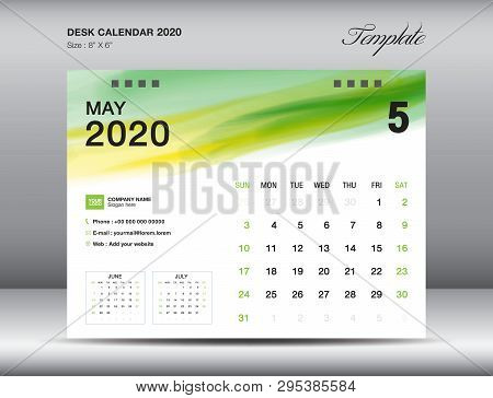 Desk Calendar 2020 Template Vector, May 2020 Month With Green Watercolor Brush Stroke, Business Layo