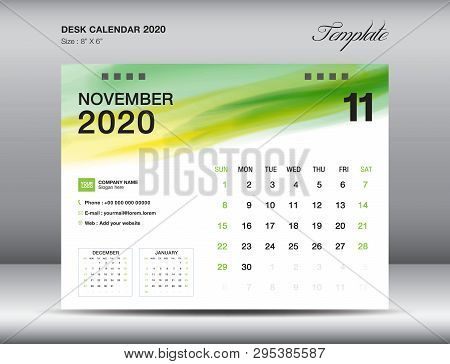 Desk Calendar 2020 Template Vector, November 2020 Month With Green Watercolor Brush Stroke, Business