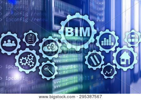 Building Information Modeling. Bim On The Virtual Screen With A Server Data Center Background.