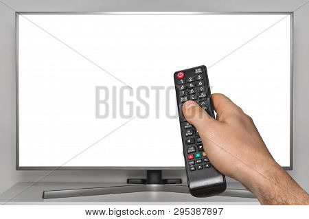White Screen On Tv And Human Hand With Tv Remote Controller
