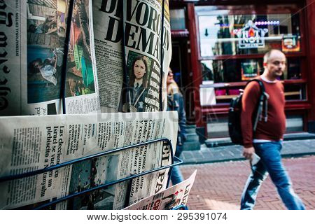 Amsterdam Netherlands April 10, 2019 Closeup Of Traditional Newspapers Sold In The Streets Of Amster