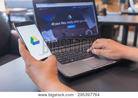 Chiang Mai, Thailand - Mar 18,2018: Man Holding Huawei With Google Drive Apps On Screen. Google Driv