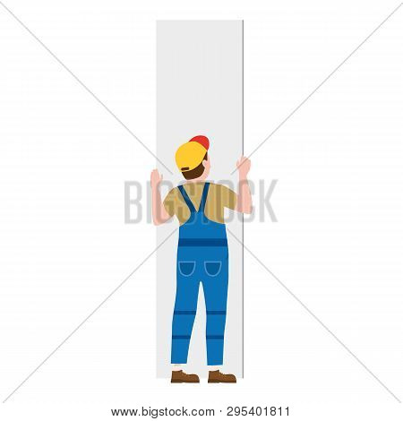 Professional Worker Man Installing Gypsum Plasterboard Panels. Vector Illustration, Isolated. Constr