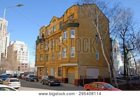 Moscow, Russia - March, 2019: Four-storey Brick Dwelling House. Moscow, Malaya Pionerskaya Street, 2